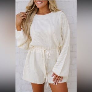 Sweater Knit Romper Drawstring Cream Boutique